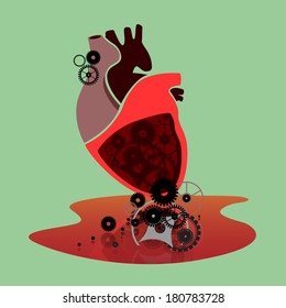 Broken heart with cogwheels lying in the pool of blood