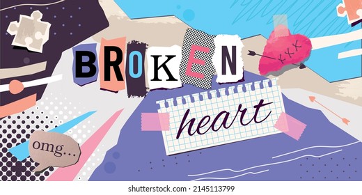 Broken heart composition with collage of flat doodle style paper pieces letters with thought bubble text vector illustration