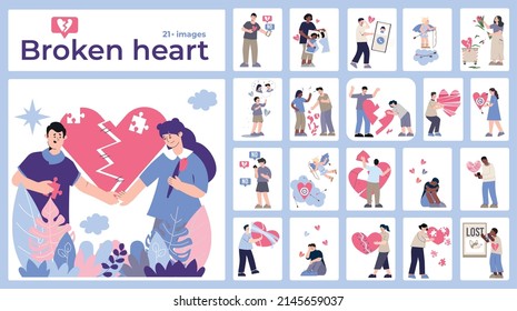 Broken heart compositions set with flat icons doodle lover characters holding and glueing hearts with text vector illustration
