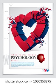 Broken Heart concept breakup, 3D realistic vector illustration of heart symbol exploding to pieces, flyer or brochure for psychology clinic, consultation and therapy. Creative idea of breaking love.