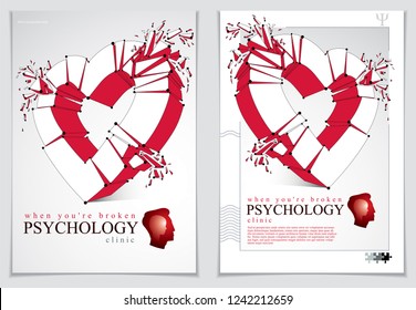 Broken Heart concept breakup, 3D realistic vector illustration of heart symbol exploding to pieces, flyer or brochure for psychology clinic, consultation and therapy. Creative idea of breaking love.