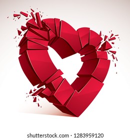 Broken Heart concept breakup, 3D realistic vector illustration of heart symbol exploding to pieces. Creative idea of breaking apart love, break up.