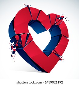 Broken Heart concept breakup, 3D realistic vector illustration of heart symbol exploding to pieces. Creative idea of breaking apart love, break up.