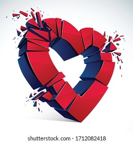 Desintegración del concepto del corazón roto, ilustración vectorial 3D realista del símbolo del corazón que explota en pedazos. Idea creativa de romper con el amor, romper.