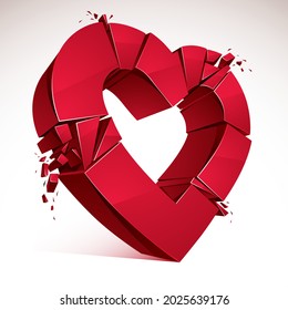Broken Heart concept breakup, 3D realistic vector illustration of heart symbol exploding to pieces. Creative idea of breaking apart love, break up.