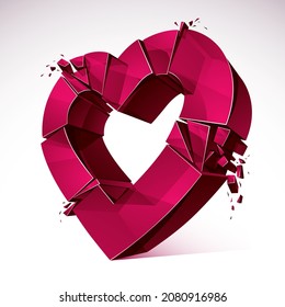 Broken Heart concept breakup, 3D realistic vector illustration of heart symbol exploding to pieces. Creative idea of breaking apart love, break up.