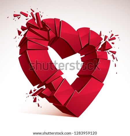 Broken Heart concept breakup, 3D realistic vector illustration of heart symbol exploding to pieces. Creative idea of breaking apart love, break up.