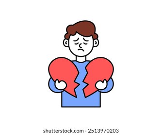 broken heart concept. breakup. illustration of a man holding a heart broken in half. sad and upset facial expression. love or romance problems. outline style character design. element