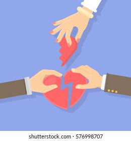 Broken heart concept. Male and female hands hold pieces of broken heart. Idea of divorce, break up and betrayal.