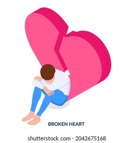 Broken heart concept. Sad man sits in front of pieces of his heart. Isometric illustration on white background