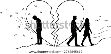 A Broken Heart Concept Showing a Sad Lonely Man and a Happy Couple Walking Away, Unrequited Love and Breakup.