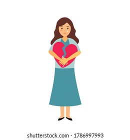 Ilustración vectorial de concepto cardíaco roto sobre fondo blanco. Mujer triste llorando y abrazando trozos rojos rotos de corazón.