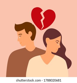 Broken heart concept vector illustration. Sad man and woman crying with red broken heart pieces.