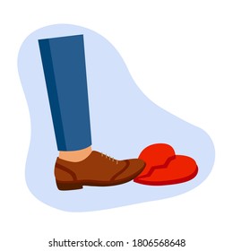 Broken heart concept vector illustration on white background. Man brake woman heart. Guy leg step on red broken heart in flat design.