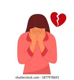 Broken heart concept vector illustration on white background. Sad woman crying with sorrow emotion. Love hurts.