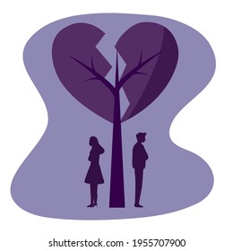 Broken heart concept vector illustration. Sad man and woman standing under broken heart tree in flat design. Bad Valentine’s Day. Breakup or divorced couple.