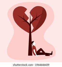 Broken heart concept vector illustration. Sad man sitting under broken heart tree. Grief and painful heart.