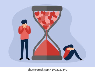 Broken heart concept vector illustration. Sad man and woman crying with falling heart hourglass in flat design. Bad Valentine’s Day. Breakup or divorced couple.