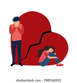 Broken heart concept vector illustration. Sad man and woman with red broken heart in flat design. Bad Valentine’s Day. Breakup or divorced couple.