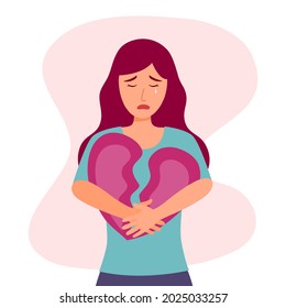 Broken heart concept vector illustration. Sad woman crying and hugging pink broken heart pieces.