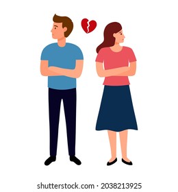 Broken heart concept vector illustration. Angry man and woman with red broken heart in flat design. Bad Valentine’s Day. Breakup or divorced couple.