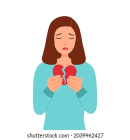Broken heart concept vector illustration on white background. Sad woman crying and holding red broken heart pieces.