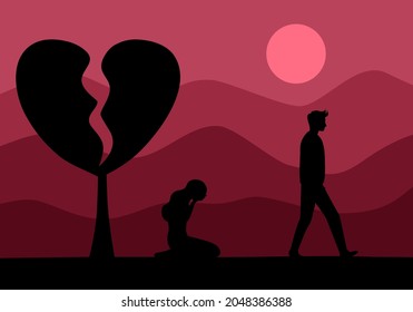 Broken heart concept vector illustration. Crying woman and walking away man with  broken heart tree in flat design. Bad Valentine’s Day. Breakup or divorced couple.