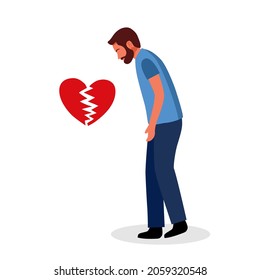 Broken heart concept vector illustration. Sad man standing with heartbreak pieces. Grief and painful heart.