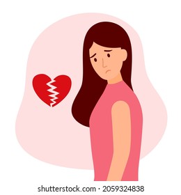 Broken heart concept vector illustration. Sad woman with heartbreak pieces. Grief and painful heart.