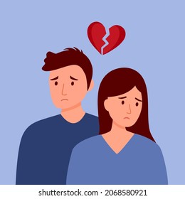 Broken Heart Concept Vector Illustration. Sad Man And Woman With Red Broken Heart Pieces. Breakup Relationship. 