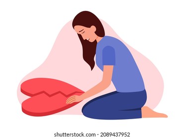 Ilustración vectorial de concepto cardíaco roto. La mujer triste toca trozos rojos de corazón rotos en diseño plano.