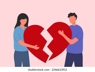 Broken heart concept vector illustration. Sad man and woman holding red broken heart pieces.