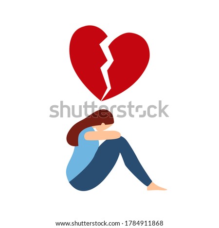 Broken heart concept vector illustration on white background. Sad woman crying with red broken heart pieces.