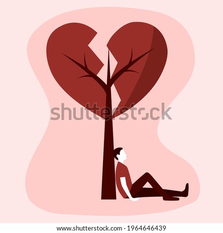 Broken heart concept vector illustration. Sad man sitting under broken heart tree. Grief and painful heart.