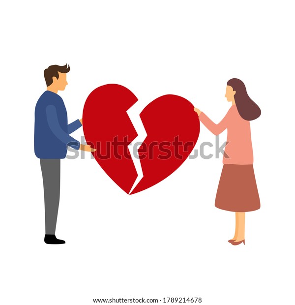 Broken heart concept vector\
illustration. Sad man and woman holding red broken heart\
pieces.