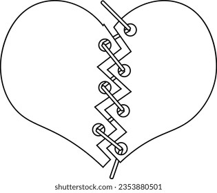 A Broken Heart connected by threads in black and white