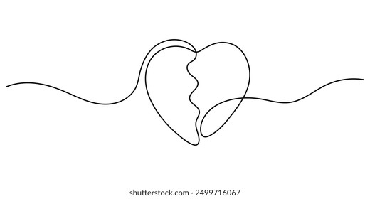 Broken heart continuous line drawing vector on white background. One line broken heart vector background. Ruined love. Continuous outline broken heart.