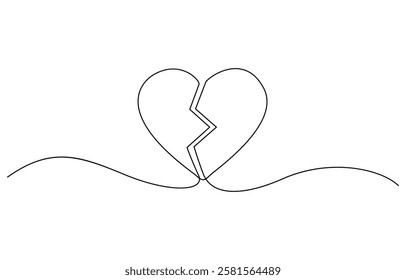 Broken Heart Continuous One Line Drawing. Heart is Broken One Line Minimal Art Drawing, Continuous line drawing. Broken heart. Black isolated on white background.