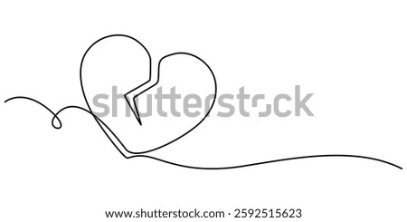 Broken Heart Continuous One Line Drawing. Heart is Broken One Line Minimal Art Drawing, Broken heart. Black isolated on white background, Vector one line art illustration of a broken heart pro style.
