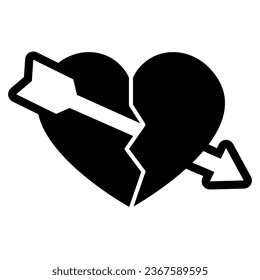 Broken heart with crack and arrow solid icon, dating concept, break up vector sign on white background, glyph style icon for mobile concept and web design. Vector graphics