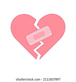 Broken heart, crack fixed with bandage. concept of a broken heart and unrequited love. Valentines day, romantic or wedding concept.