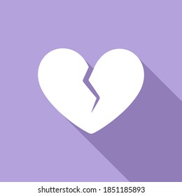 Broken heart with crack in the middle valentine's day icon. Simple flat vector illustration design with long shadow graphic element for card, sticker, print, etc.