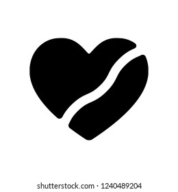 Broken heart, crack in relationship. Icon of divorce. Black icon on white background