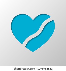 Broken heart, crack in relationship. Icon of divorce. Paper design. Cutted symbol with shadow