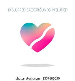 Broken heart, crack in relationship. Icon of divorce. Colorful logo concept with simple shadow on white. 10 different blurred backgrounds included