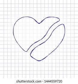 Broken heart  crack in relationship  Icon divorce  Hand drawn picture paper sheet  Blue ink  outline sketch style  Doodle checkered background
