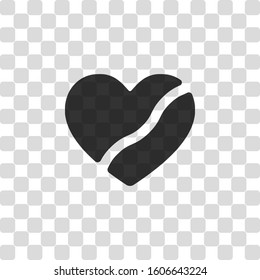 Broken heart, crack in relationship. Icon of divorce. Black symbol on transparency grid