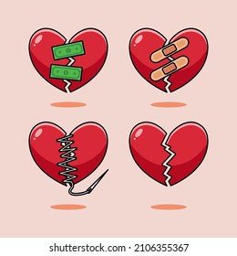 Broken heart and crack repaired with bandage, money, stitch illustration