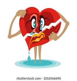 Broken Heart Crying and Tearing Itself Apart Cartoon Vector Illustration