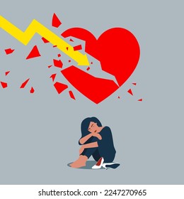 Broken heart. Depressed woman near crushed heart. After love failure, burnout or no inspiration.  Flat vector illustration